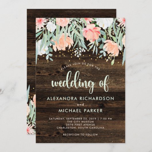 Invitation Romance florale rustique | Mariage aquarelle (Devant / Derrière)