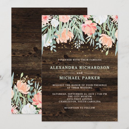 Invitation Romance florale rustique | Mariage aquarelle (Devant / Derrière)