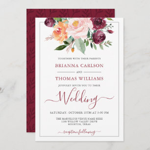Invitation Romance rustique Bourgogne et Mariage floral rose