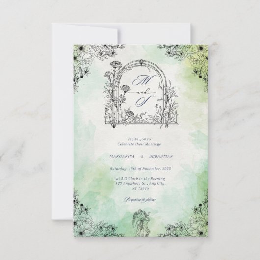 Invitation romance sombre vintage save the date vert  (Devant)