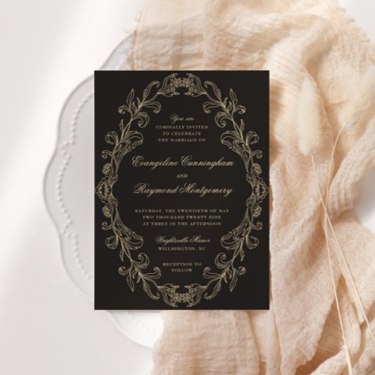 Invitation Romantic Baroque Ornate Frame Black Wedding