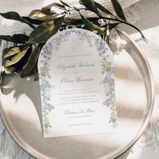 Invitation Romantic Bleu Doux Vintage Monogramme Mariage Arc