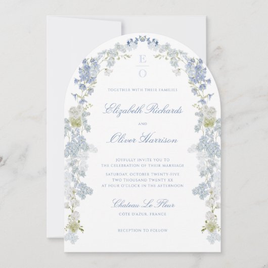 Invitation Romantic Blue Floral Monogram All in One Wedding (Devant)