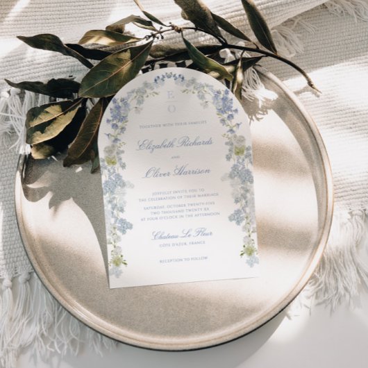 Invitation Romantic Blue Floral Monogram All in One Wedding