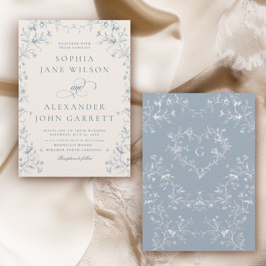 Invitation Romantic Blue Floral Monogram Wedding