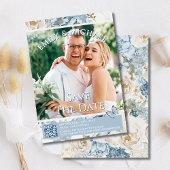 Invitation Romantic Blue Floral Photo QR Code Mariage