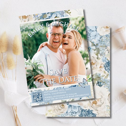 Invitation Romantic Blue Floral Photo QR Code Mariage