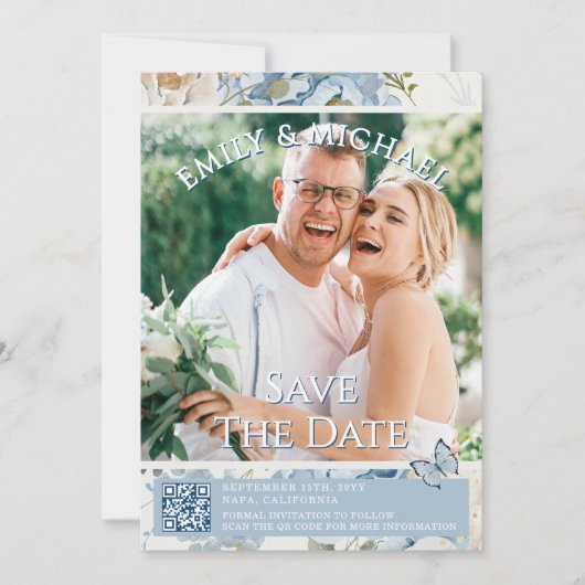 Invitation Romantic Blue Floral Photo QR Code Mariage (Devant)