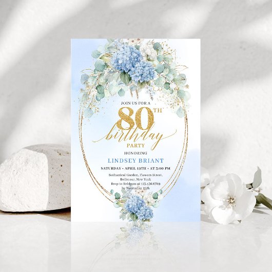 Invitation Romantic Blue Garden Floral 80th Birthday Invite