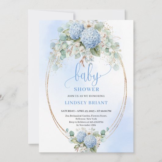 Invitation Romantic Blue Hydrangea Baby Shower Gold Invitatio (Devant)