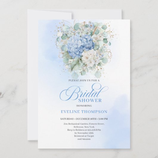 Invitation Romantic Blue Hydrangea Floral Bridal Shower Invit (Devant)