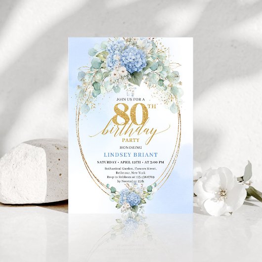 Invitation Romantic Blue Hydrangea Gold 80th Birthday Invite
