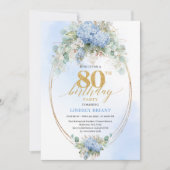 Invitation Romantic Blue Hydrangea Gold Floral 80th Birthday (Devant)