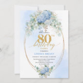 Invitation Romantic Blue Hydrangea Gold Floral 80th Birthday (Devant)