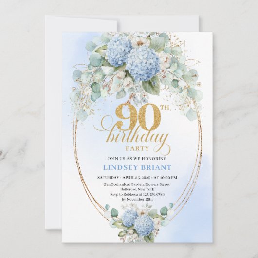 Invitation Romantic Blue Hydrangea Gold Frame 90th Birthday (Devant)