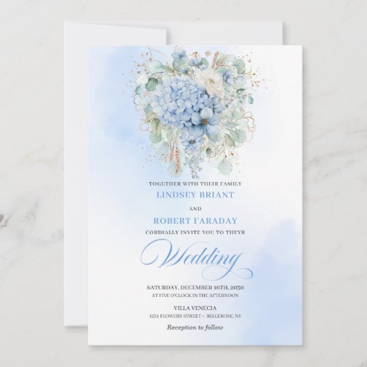 Invitation Romantic Blue Hydrangea Gold Frame Wedding Invite (Devant)