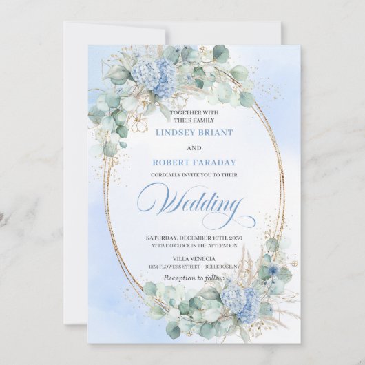 Invitation Romantic Blue Hydrangea Wheat Botanical Wedding  (Devant)