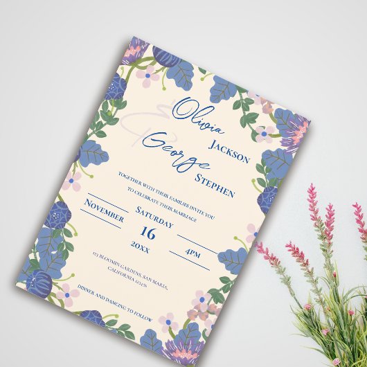 Invitation Romantic Blue & Purple Florals Garden Wedding