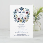 Invitation Romantic Blue Shades Floral Wreath Graduation (Debout devant)