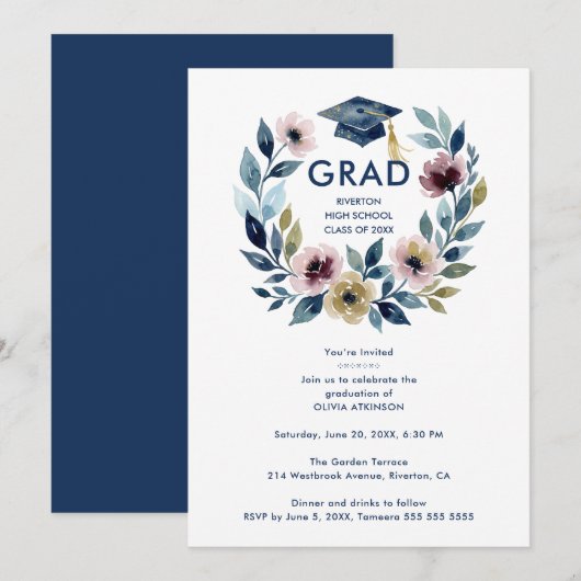 Invitation Romantic Blue Shades Floral Wreath Graduation (Devant / Derrière)