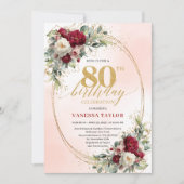 Invitation Romantic Blush Burgundy Gold Frame 80th Birthday (Devant)