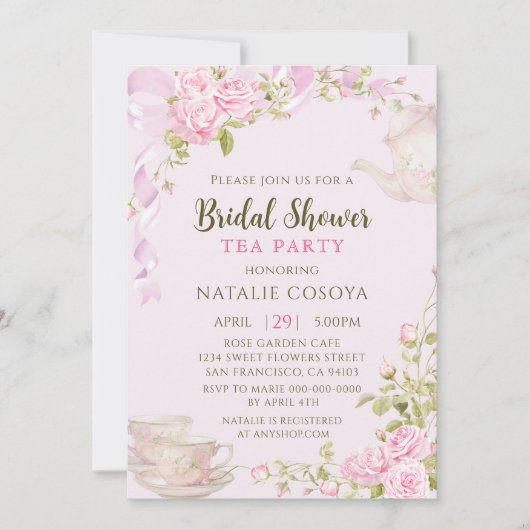 Invitation Romantic Blush Floral Bridal Shower Tea Party (Devant)