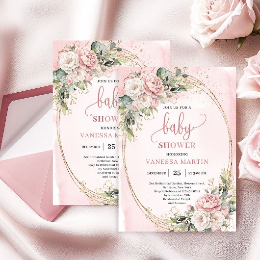 Invitation Romantic Blush Floral Greenery Girl Baby Shower