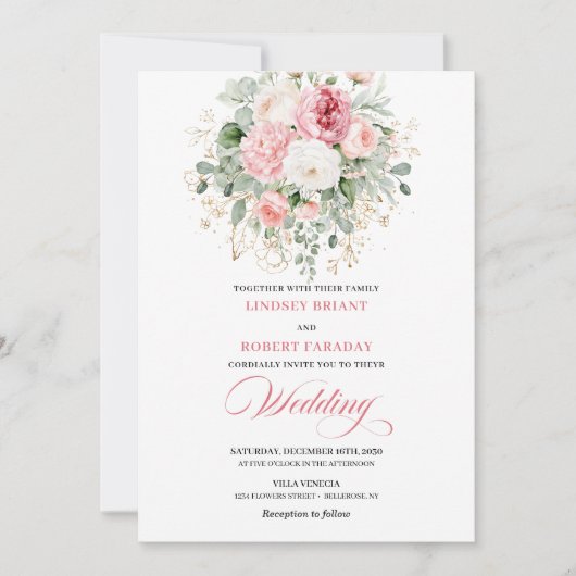 Invitation Romantic Blush Floral Greenery Wedding Invite (Devant)