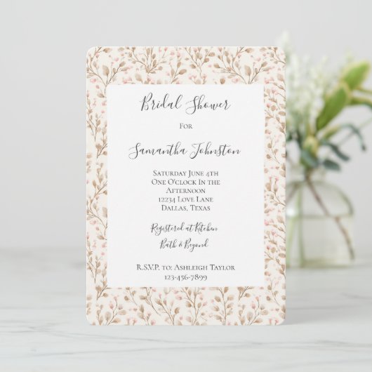 Invitation Romantic Blush Pink Cream Floral Bridal Shower (Debout devant)