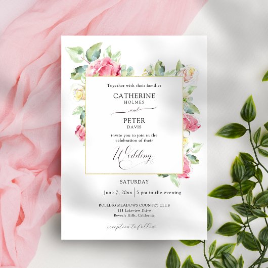 Invitation Romantic Blush Pink/Ivory Watercolor Roses Wedding