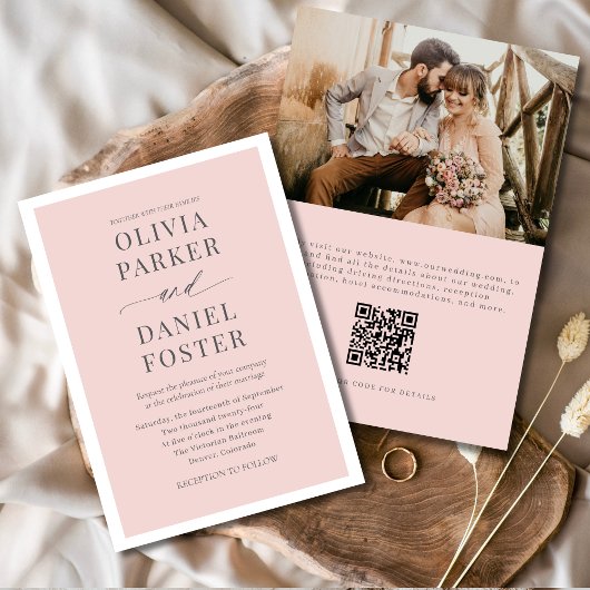 Invitation Romantic Blush Pink Photo QR Code Mariage