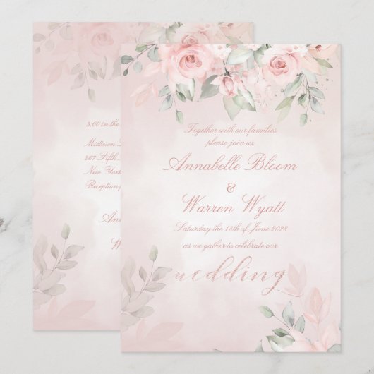 Invitation Romantic Blush Pink Secret Garden Roses Mariage (Devant / Derrière)
