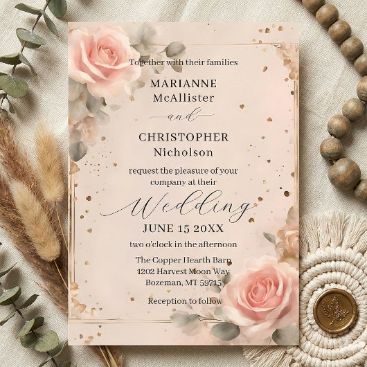 Invitation Romantic Blush Pink Watercolor Rose Wedding