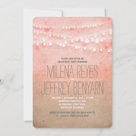 Invitation Romantic Blush Rose String Lights Partie d'engagem (Devant)