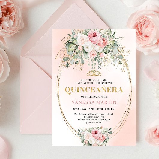 Invitation Romantic Blush Roses Bohemian Quinceañera Invite