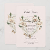 Invitation Romantic Blush Roses Feathers Heart Bridal Shower (Devant / Derrière)