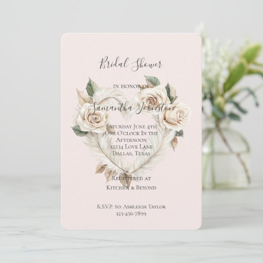 Invitation Romantic Blush Roses Feathers Heart Bridal Shower (Debout devant)
