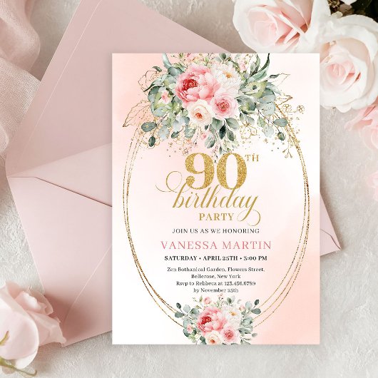 Invitation Romantic Blush Roses Greenery 90th Birthday Invite