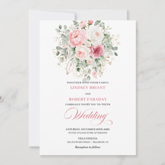 Invitation Romantic Blush Roses Greenery Gold Wedding Invite (Devant)