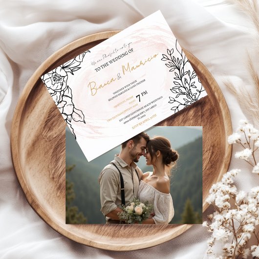 Invitation Romantic Blush with Black Florals and Photo Back