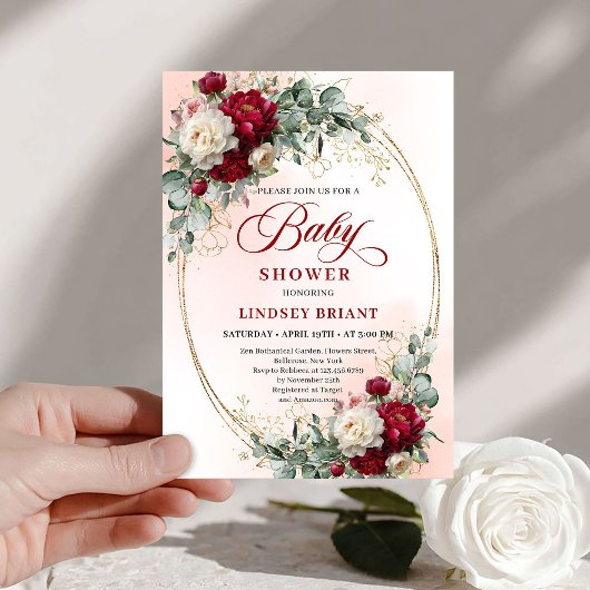 Invitation Romantic Bohemian Deep Red Floral Baby Shower