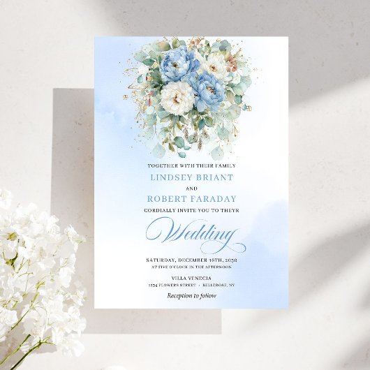 Invitation Romantic Bohemian Pastel Blue Peony Wedding Invite