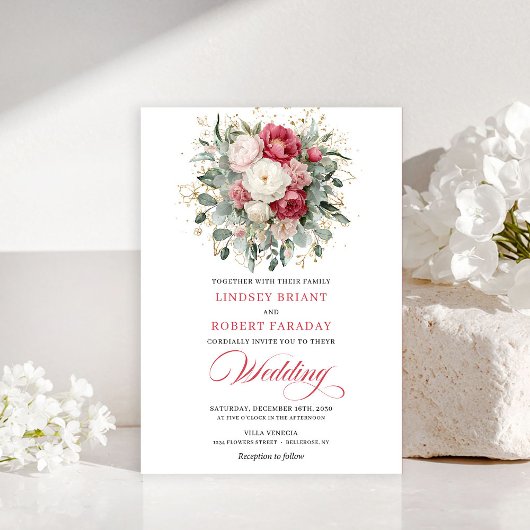 Invitation Romantic Bohemian Red White Greenery Gold Wedding