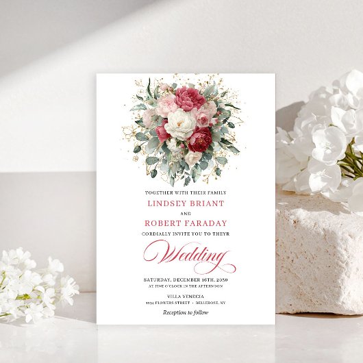 Invitation Romantic Bohemian Red White Greenery Gold Wedding