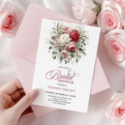 Invitation Romantic Bohemian Ruby Red Blush Gold Shower