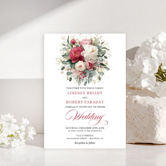 Invitation Romantic Bohemian Ruby Red White Greenery Invite