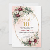Invitation Romantic Boho Burgundy Floral Gold Sweet 16 Party (Devant)