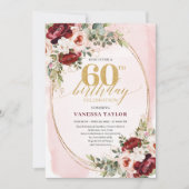 Invitation Romantic Boho Burgundy Gold Roses 60th Birthday (Devant)