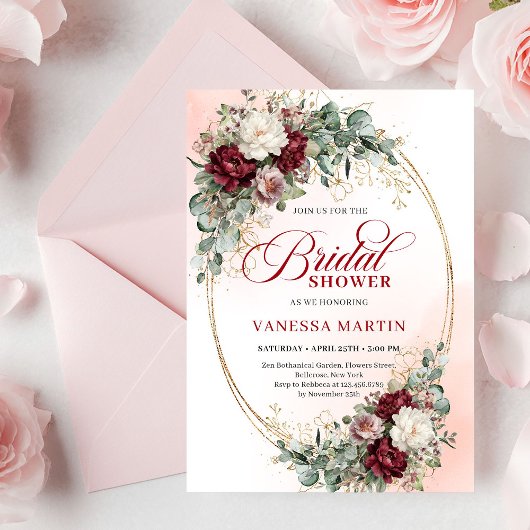 Invitation Romantic Boho Burgundy Greenery Gold Bridal Shower