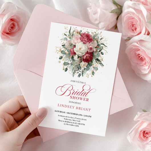 Invitation Romantic Boho Crimson Blush Gold Floral Bridal